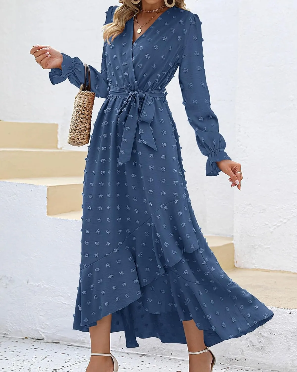 BTFBM Womens Boho Cocktail Maxi Dress Fall Fashion 2025 V Neck Long Sleeve Swiss Dot Flowy Slit Wedding Guest Dresses