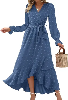 BTFBM Womens Boho Cocktail Maxi Dress Fall Fashion 2025 V Neck Long Sleeve Swiss Dot Flowy Slit Wedding Guest Dresses