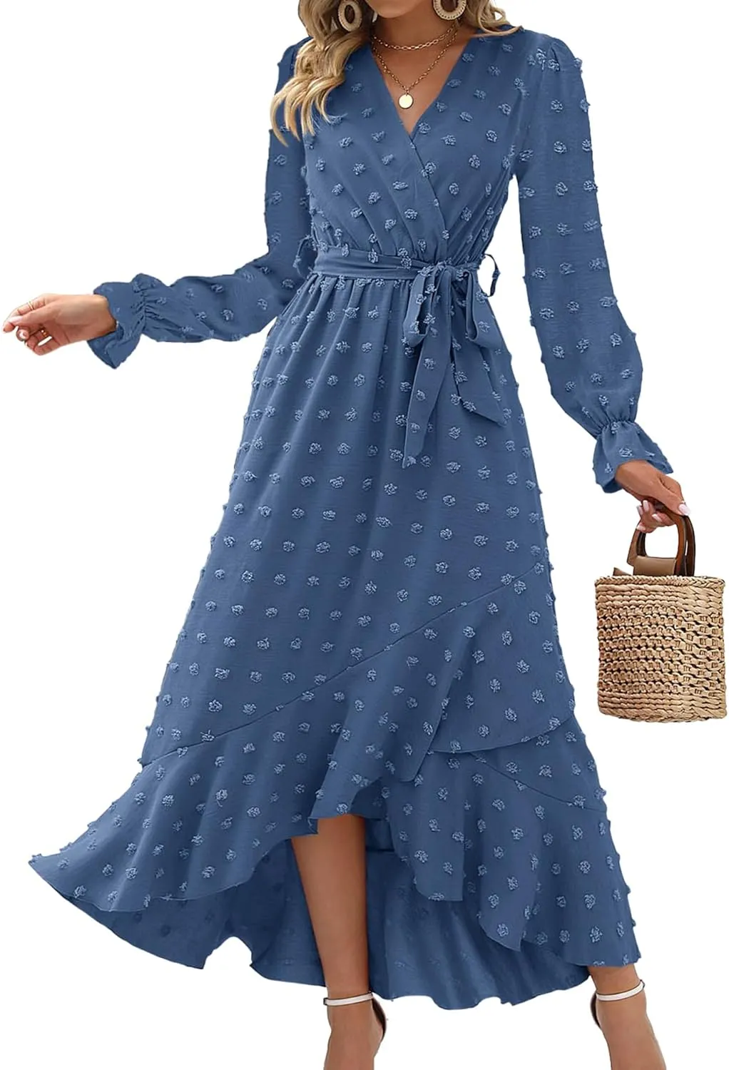 BTFBM Womens Boho Cocktail Maxi Dress Fall Fashion 2025 V Neck Long Sleeve Swiss Dot Flowy Slit Wedding Guest Dresses