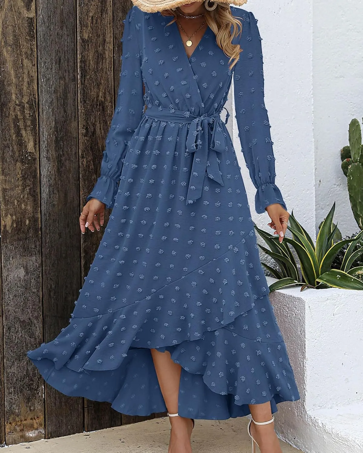 BTFBM Womens Boho Cocktail Maxi Dress Fall Fashion 2025 V Neck Long Sleeve Swiss Dot Flowy Slit Wedding Guest Dresses
