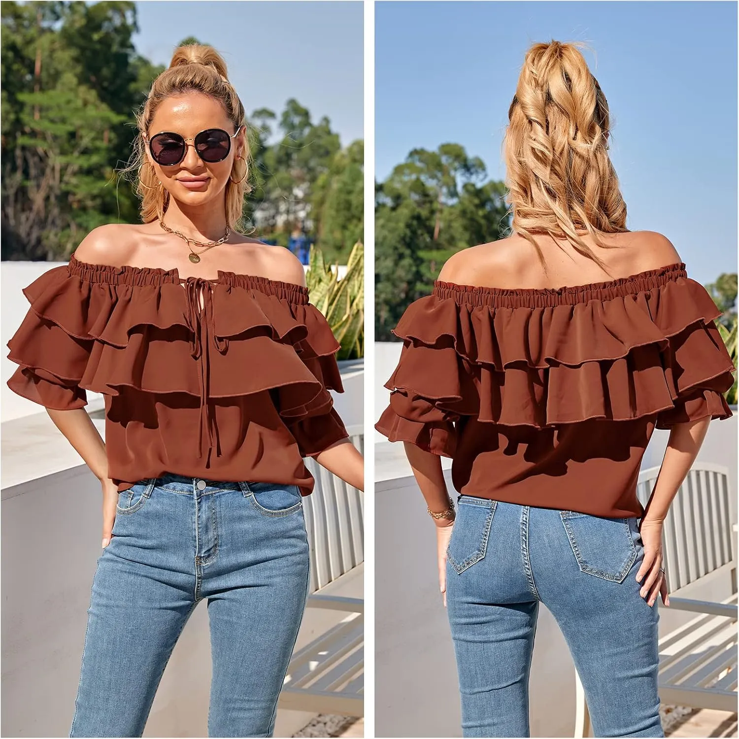 Byinns Women's Off Shoulder Ruffle Trendy Summer Fashion Long Sleeve Blouse Sexy Dressy Casual Outfits Layered Tops