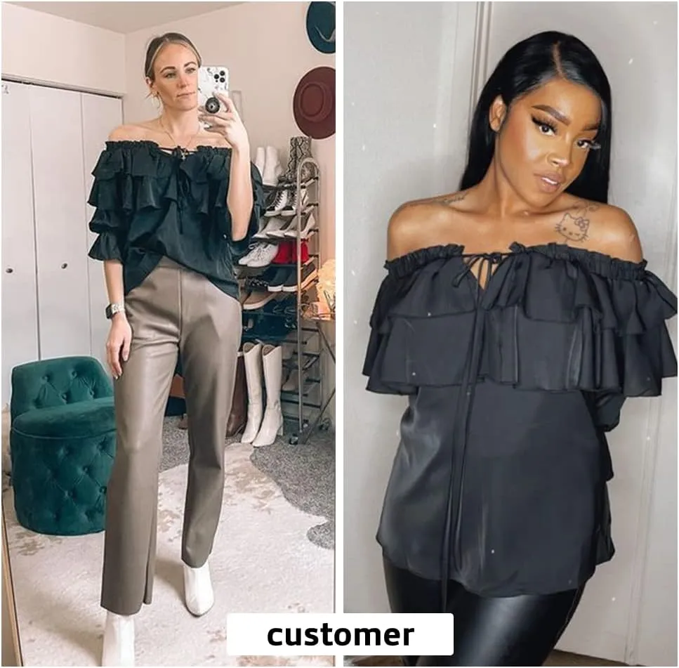 Byinns Women's Off Shoulder Ruffle Trendy Summer Fashion Long Sleeve Blouse Sexy Dressy Casual Outfits Layered Tops