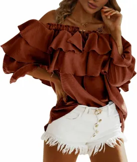 Byinns Women's Off Shoulder Ruffle Trendy Summer Fashion Long Sleeve Blouse Sexy Dressy Casual Outfits Layered Tops