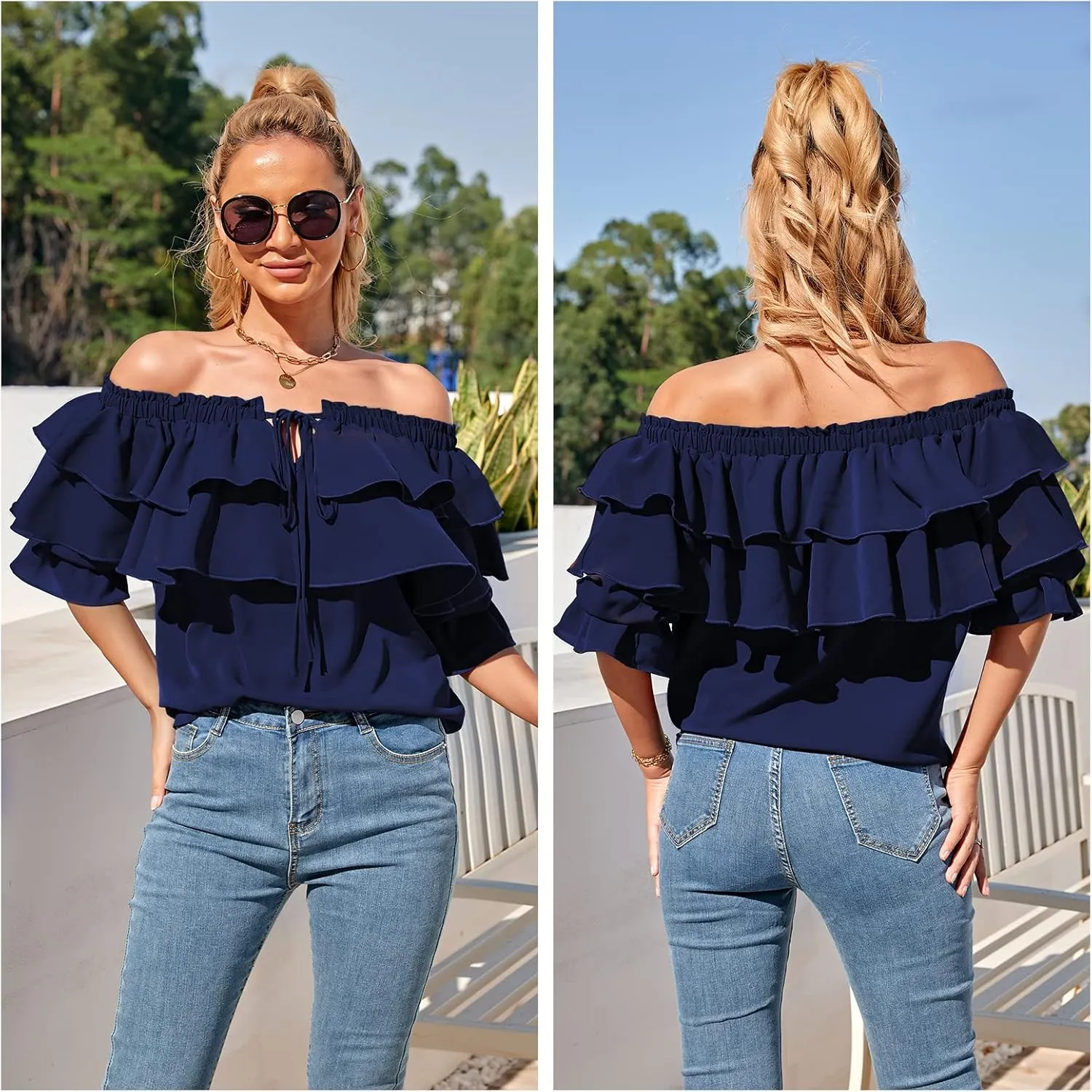 Byinns Women's Off Shoulder Ruffle Trendy Summer Fashion Long Sleeve Blouse Sexy Dressy Casual Outfits Layered Tops