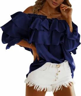 Byinns Women's Off Shoulder Ruffle Trendy Summer Fashion Long Sleeve Blouse Sexy Dressy Casual Outfits Layered Tops