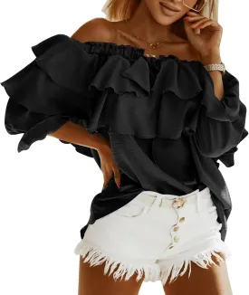 Byinns Women's Off Shoulder Ruffle Trendy Summer Fashion Long Sleeve Blouse Sexy Dressy Casual Outfits Layered Tops