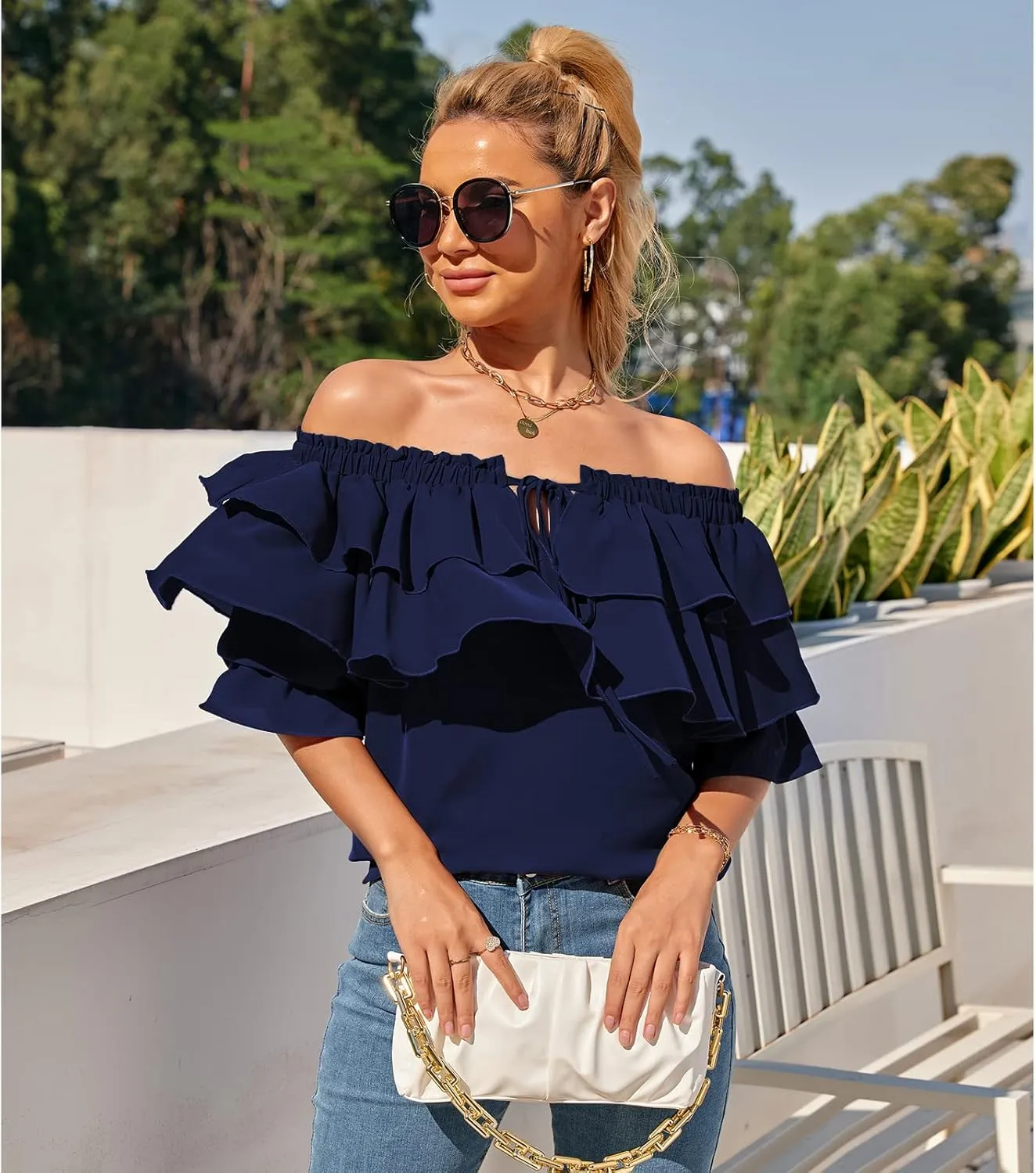 Byinns Women's Off Shoulder Ruffle Trendy Summer Fashion Long Sleeve Blouse Sexy Dressy Casual Outfits Layered Tops
