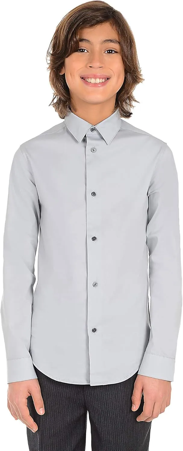 Calvin Klein Boys' Long Sleeve Buttoned Cuffs & Shirttail Hem Sateen Dress Shirt