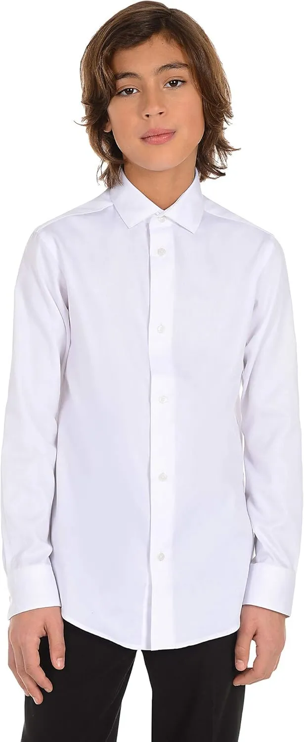 Calvin Klein Boys' Long Sleeve Buttoned Cuffs & Shirttail Hem Sateen Dress Shirt