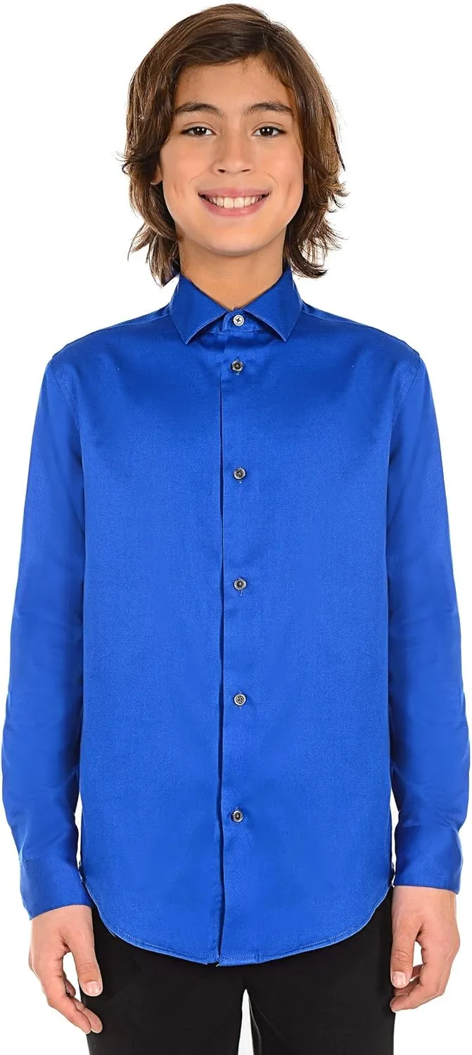 Calvin Klein Boys' Long Sleeve Buttoned Cuffs & Shirttail Hem Sateen Dress Shirt