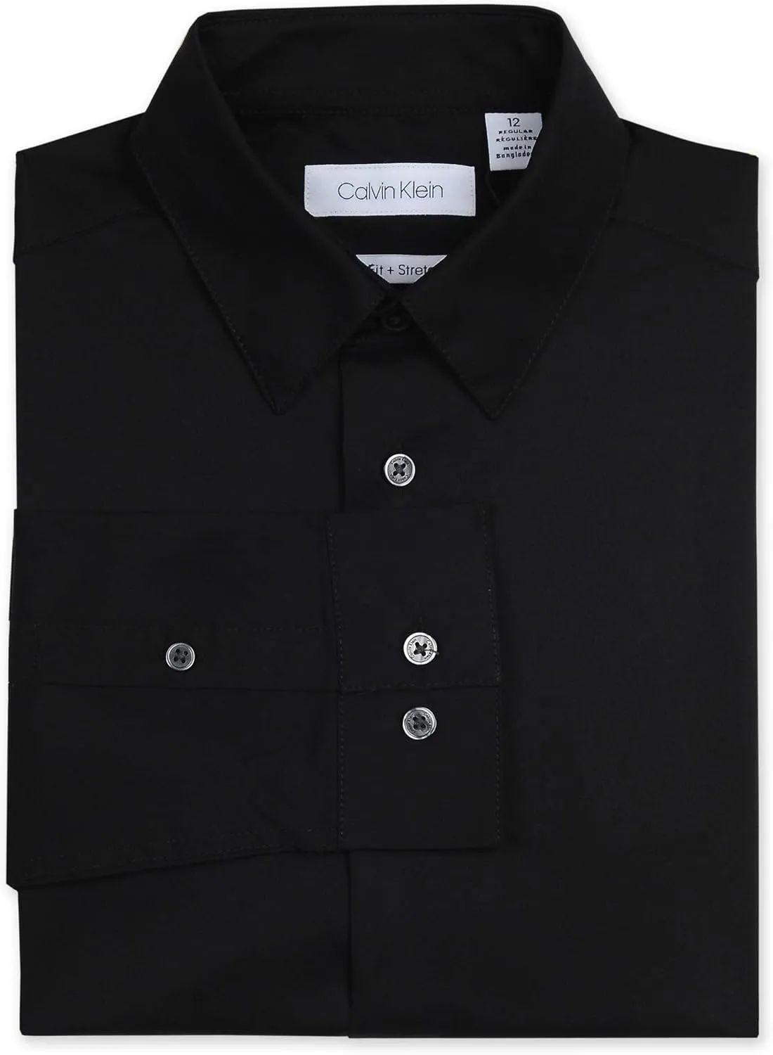 Calvin Klein Boys' Long Sleeve Buttoned Cuffs & Shirttail Hem Sateen Dress Shirt