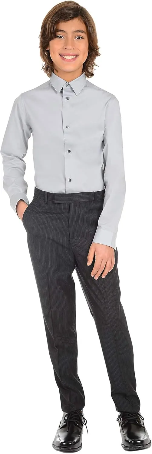 Calvin Klein Boys' Long Sleeve Buttoned Cuffs & Shirttail Hem Sateen Dress Shirt
