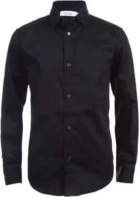 Calvin Klein Boys' Long Sleeve Buttoned Cuffs & Shirttail Hem Sateen Dress Shirt