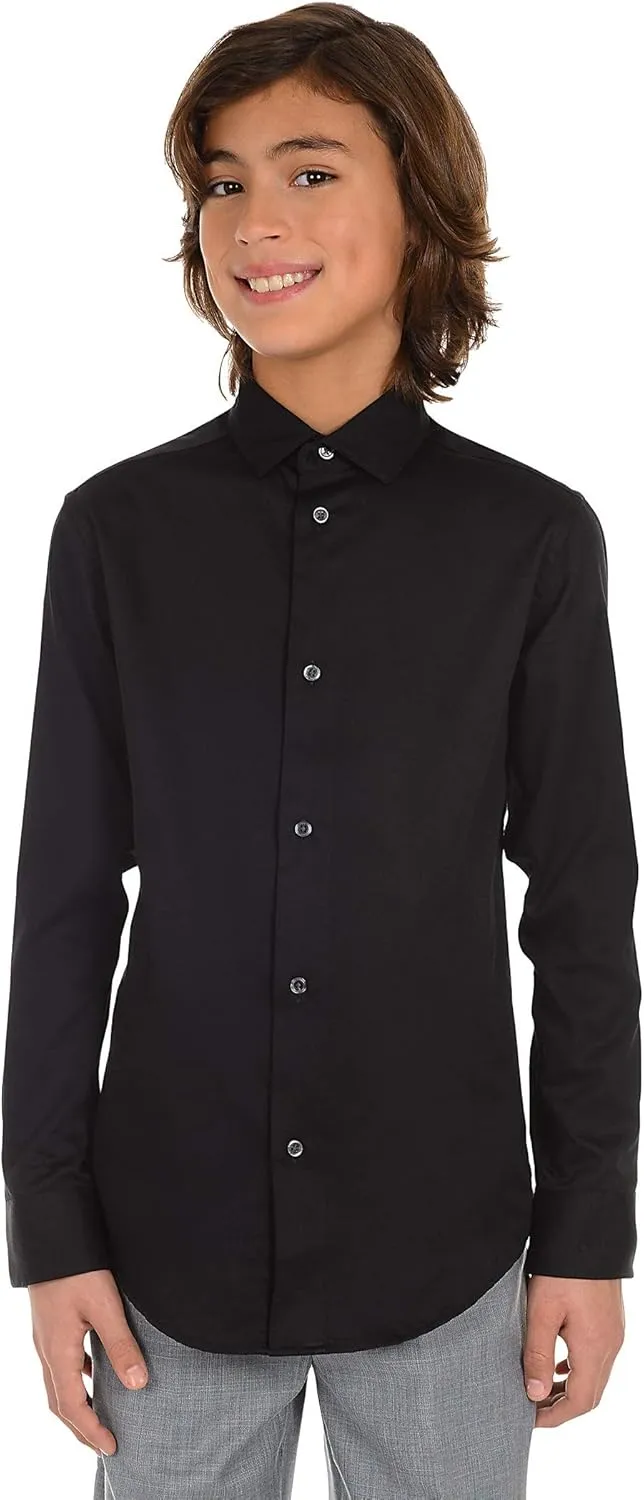 Calvin Klein Boys' Long Sleeve Buttoned Cuffs & Shirttail Hem Sateen Dress Shirt