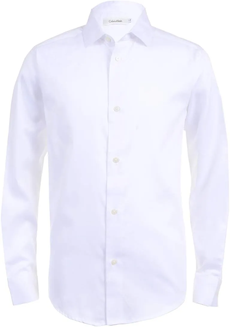 Calvin Klein Boys' Long Sleeve Buttoned Cuffs & Shirttail Hem Sateen Dress Shirt