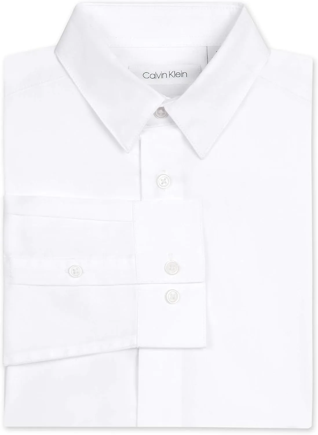Calvin Klein Boys' Long Sleeve Buttoned Cuffs & Shirttail Hem Sateen Dress Shirt