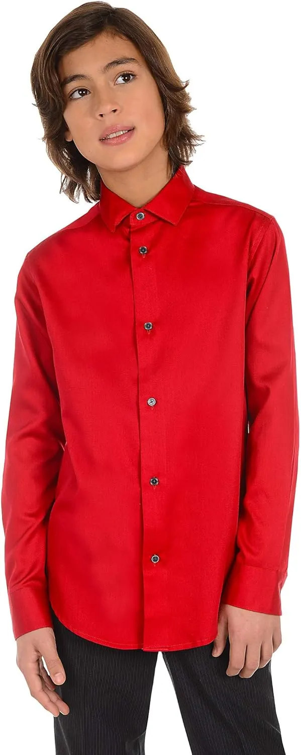 Calvin Klein Boys' Long Sleeve Buttoned Cuffs & Shirttail Hem Sateen Dress Shirt