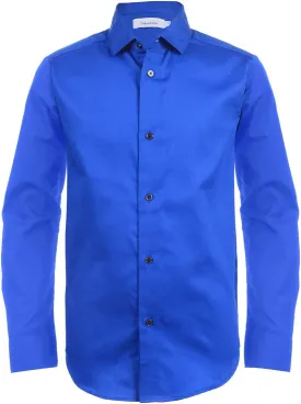 Calvin Klein Boys' Long Sleeve Buttoned Cuffs & Shirttail Hem Sateen Dress Shirt