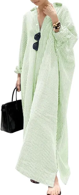 chouyatou Women's Casual Long Sleeve Button Down Loose Striped Cotton Maxi Shirt Dress