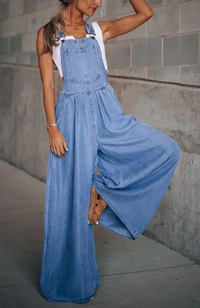 chouyatou Women's Loose Adjustable Strap Wide Leg Denim Bib Overall Jeans Pants