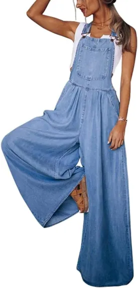 chouyatou Women's Loose Adjustable Strap Wide Leg Denim Bib Overall Jeans Pants