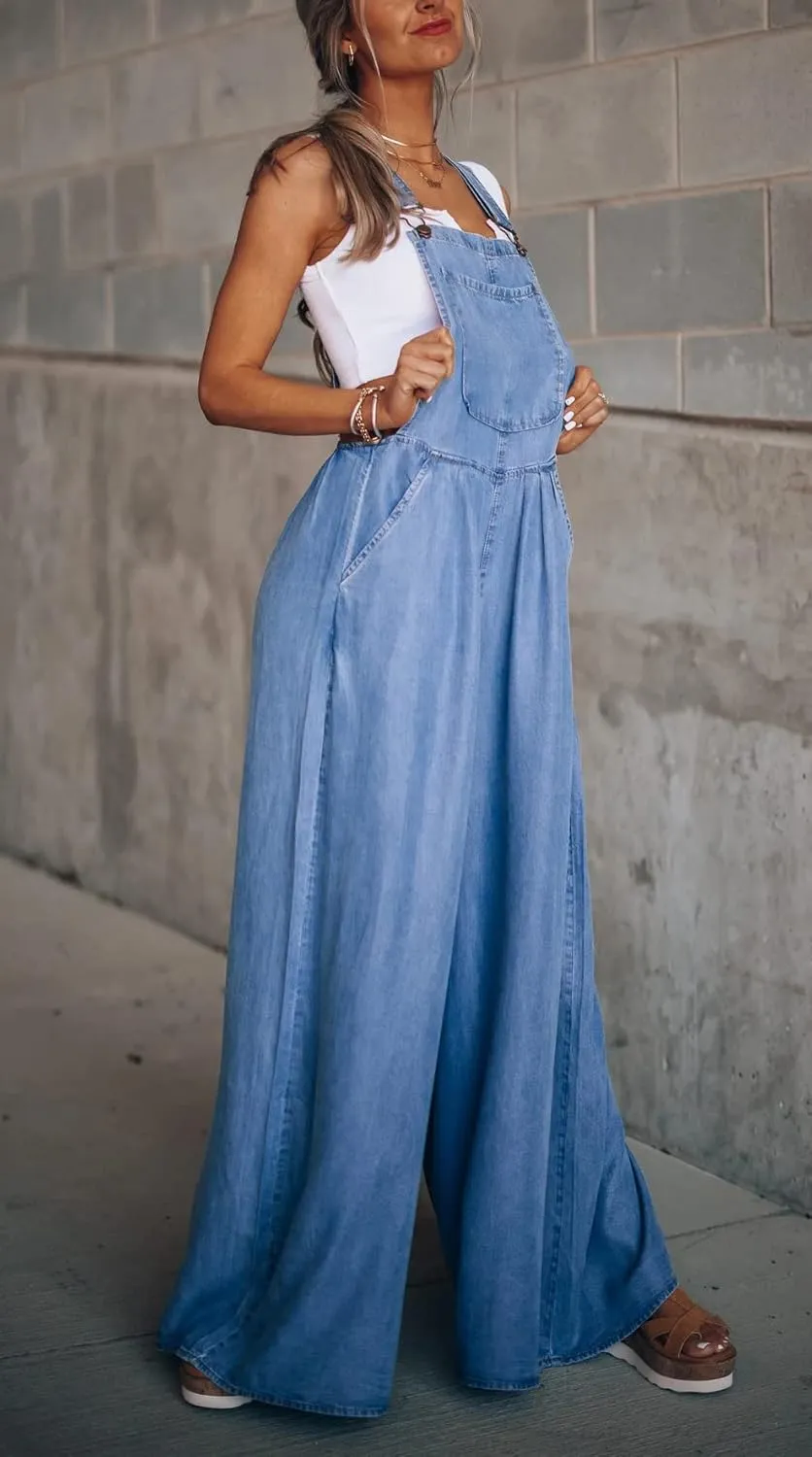 chouyatou Women's Loose Adjustable Strap Wide Leg Denim Bib Overall Jeans Pants