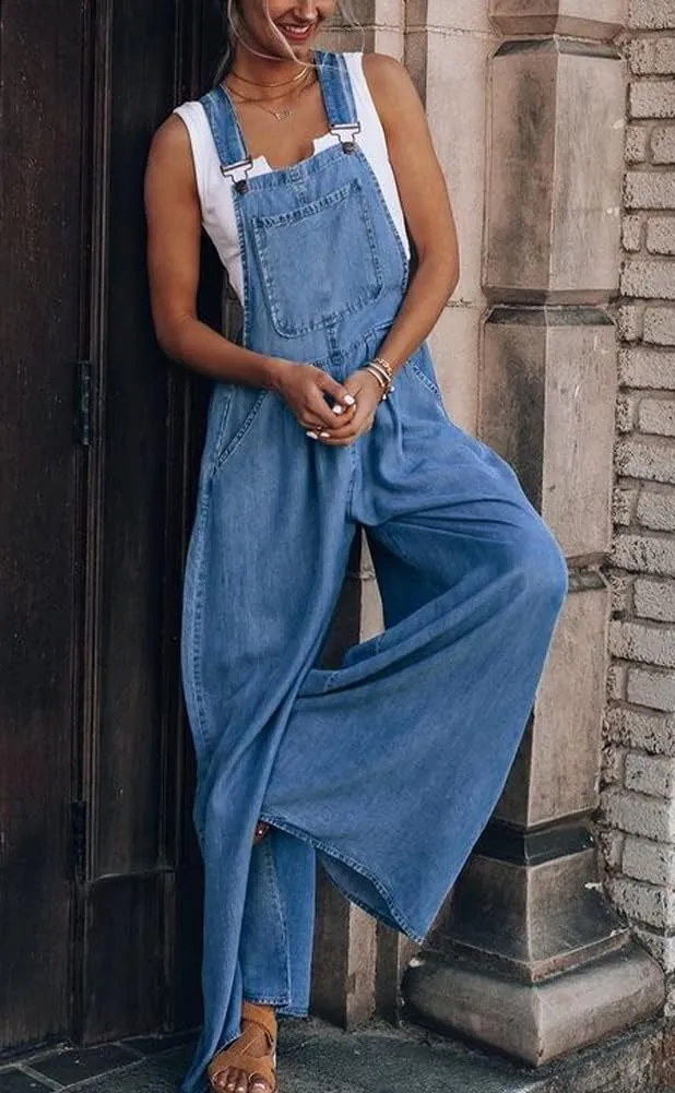 chouyatou Women's Loose Adjustable Strap Wide Leg Denim Bib Overall Jeans Pants