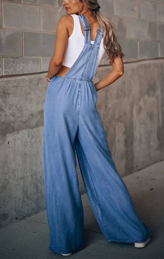 chouyatou Women's Loose Adjustable Strap Wide Leg Denim Bib Overall Jeans Pants