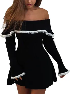chouyatou Women's Off The Shoulder Bell Long Sleeve Sweater Mini Dress Lace Trim Bodycon Ribbed Knit Sweater Dress