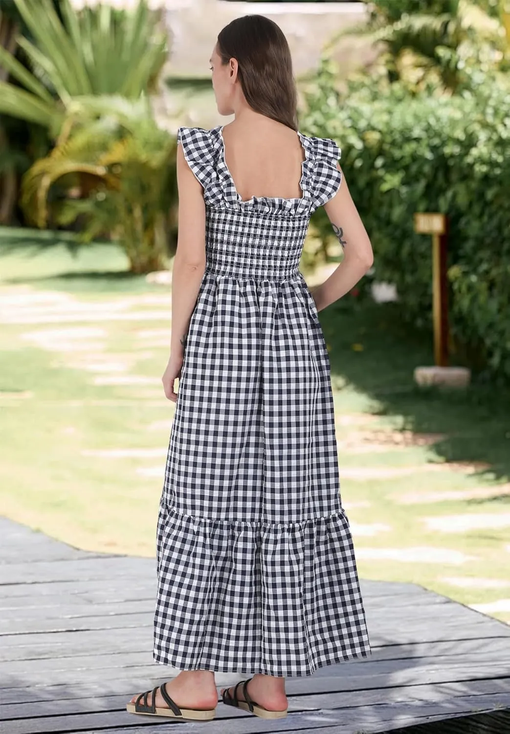 chouyatou Women's Retro Plaid Smocked Dress Spaghetti Strap Flounce Long Dress