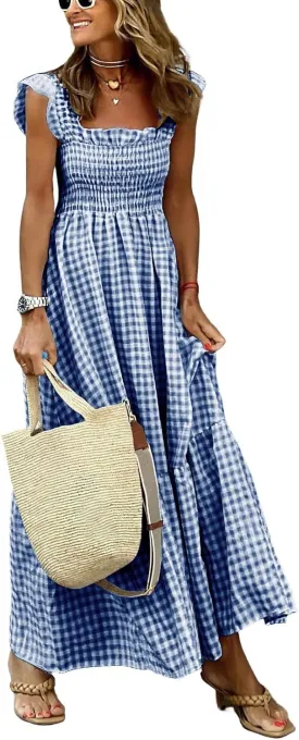 chouyatou Women's Retro Plaid Smocked Dress Spaghetti Strap Flounce Long Dress