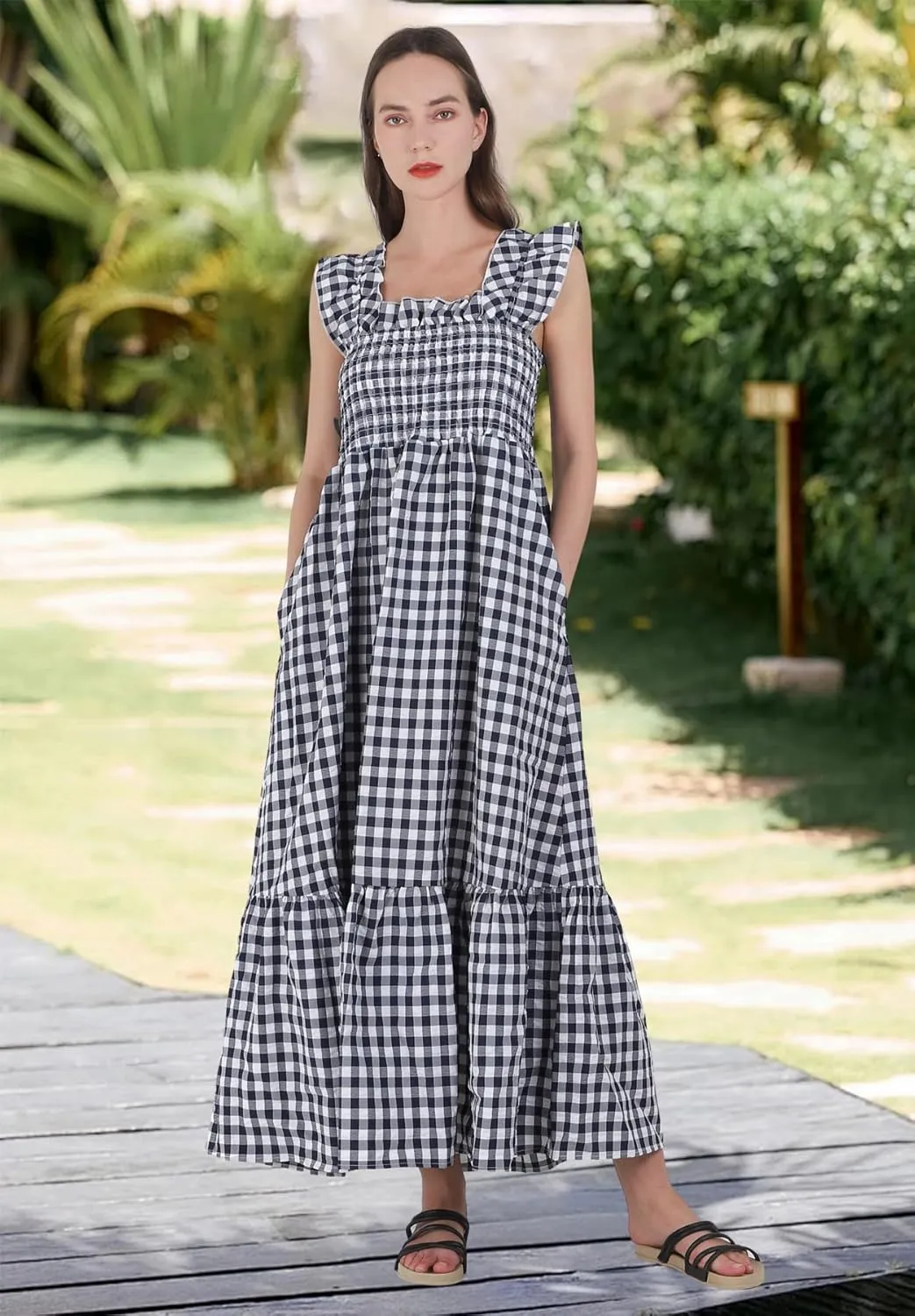 chouyatou Women's Retro Plaid Smocked Dress Spaghetti Strap Flounce Long Dress