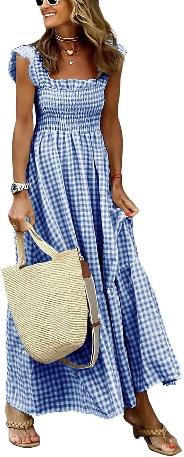chouyatou Women's Retro Plaid Smocked Dress Spaghetti Strap Flounce Long Dress