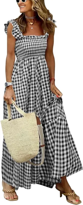 chouyatou Women's Retro Plaid Smocked Dress Spaghetti Strap Flounce Long Dress