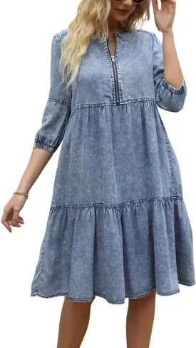 chouyatou Women's Vintage Washed Loose Fit 3/4 Sleeve Tiered Babydoll Mini Denim Jean Dress
