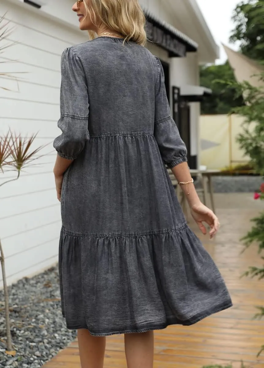 chouyatou Women's Vintage Washed Loose Fit 3/4 Sleeve Tiered Babydoll Mini Denim Jean Dress