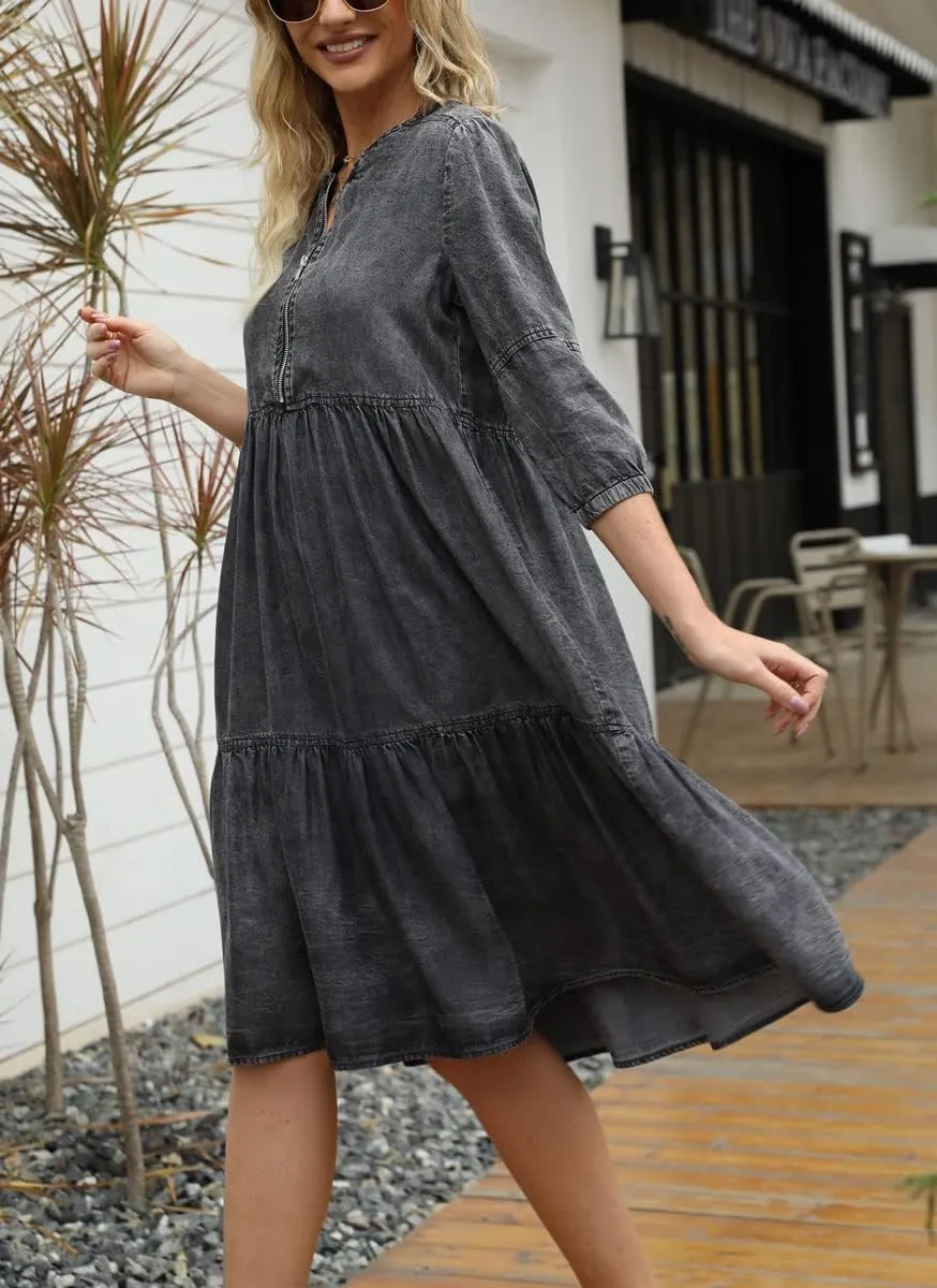 chouyatou Women's Vintage Washed Loose Fit 3/4 Sleeve Tiered Babydoll Mini Denim Jean Dress
