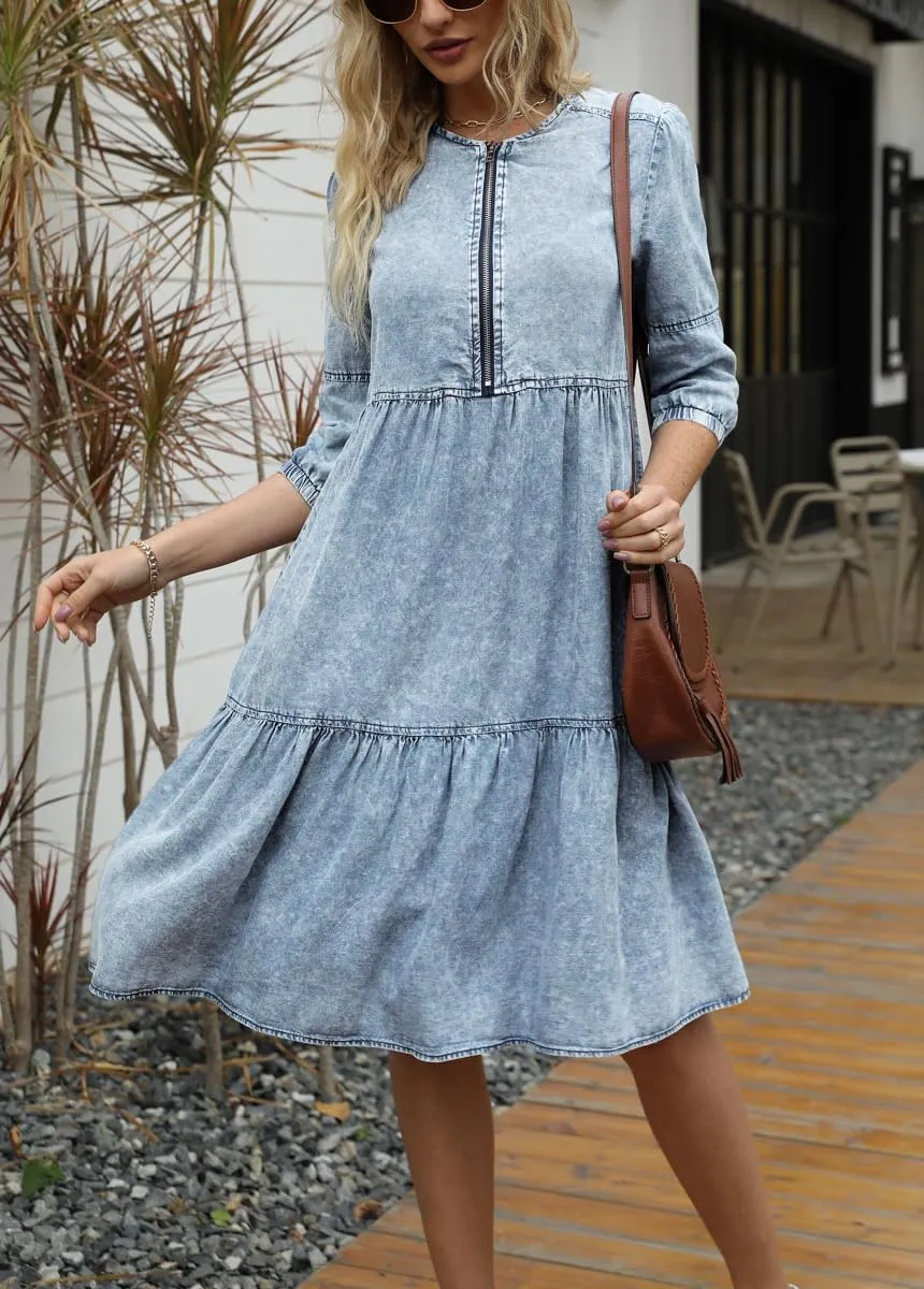 chouyatou Women's Vintage Washed Loose Fit 3/4 Sleeve Tiered Babydoll Mini Denim Jean Dress