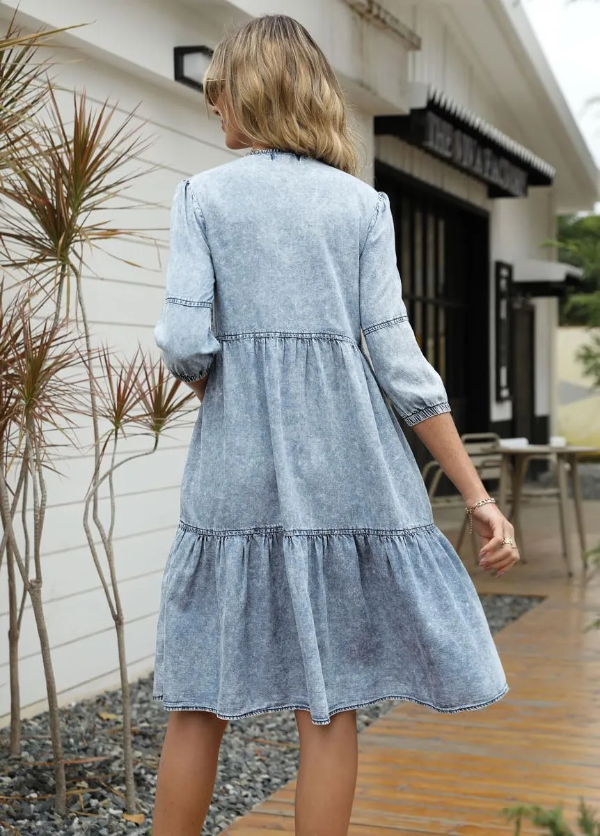 chouyatou Women's Vintage Washed Loose Fit 3/4 Sleeve Tiered Babydoll Mini Denim Jean Dress
