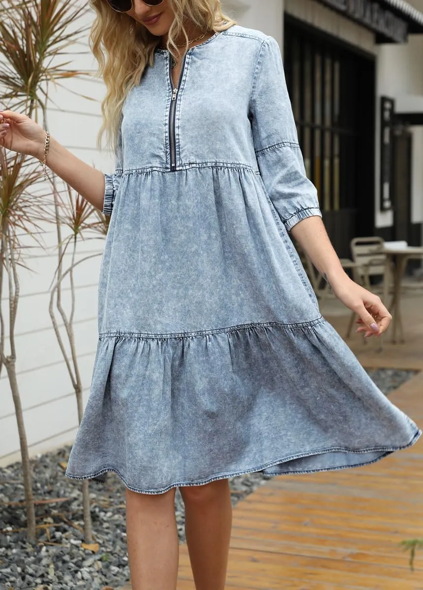 chouyatou Women's Vintage Washed Loose Fit 3/4 Sleeve Tiered Babydoll Mini Denim Jean Dress