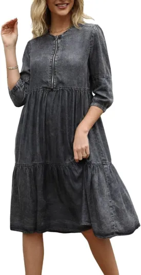 chouyatou Women's Vintage Washed Loose Fit 3/4 Sleeve Tiered Babydoll Mini Denim Jean Dress
