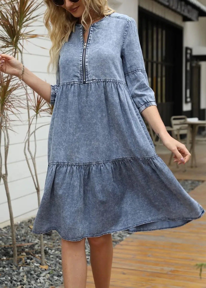 chouyatou Women's Vintage Washed Loose Fit 3/4 Sleeve Tiered Babydoll Mini Denim Jean Dress