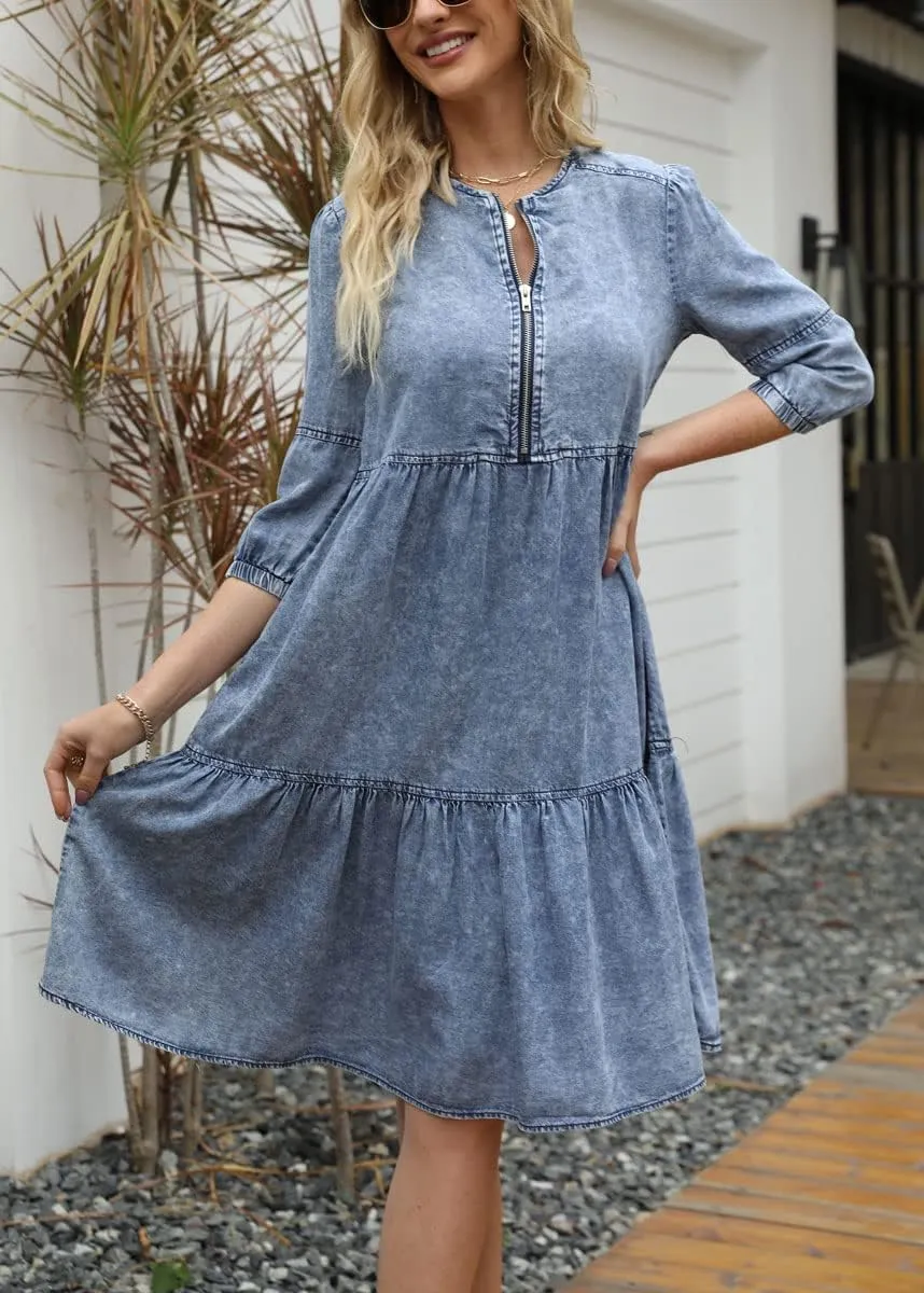 chouyatou Women's Vintage Washed Loose Fit 3/4 Sleeve Tiered Babydoll Mini Denim Jean Dress