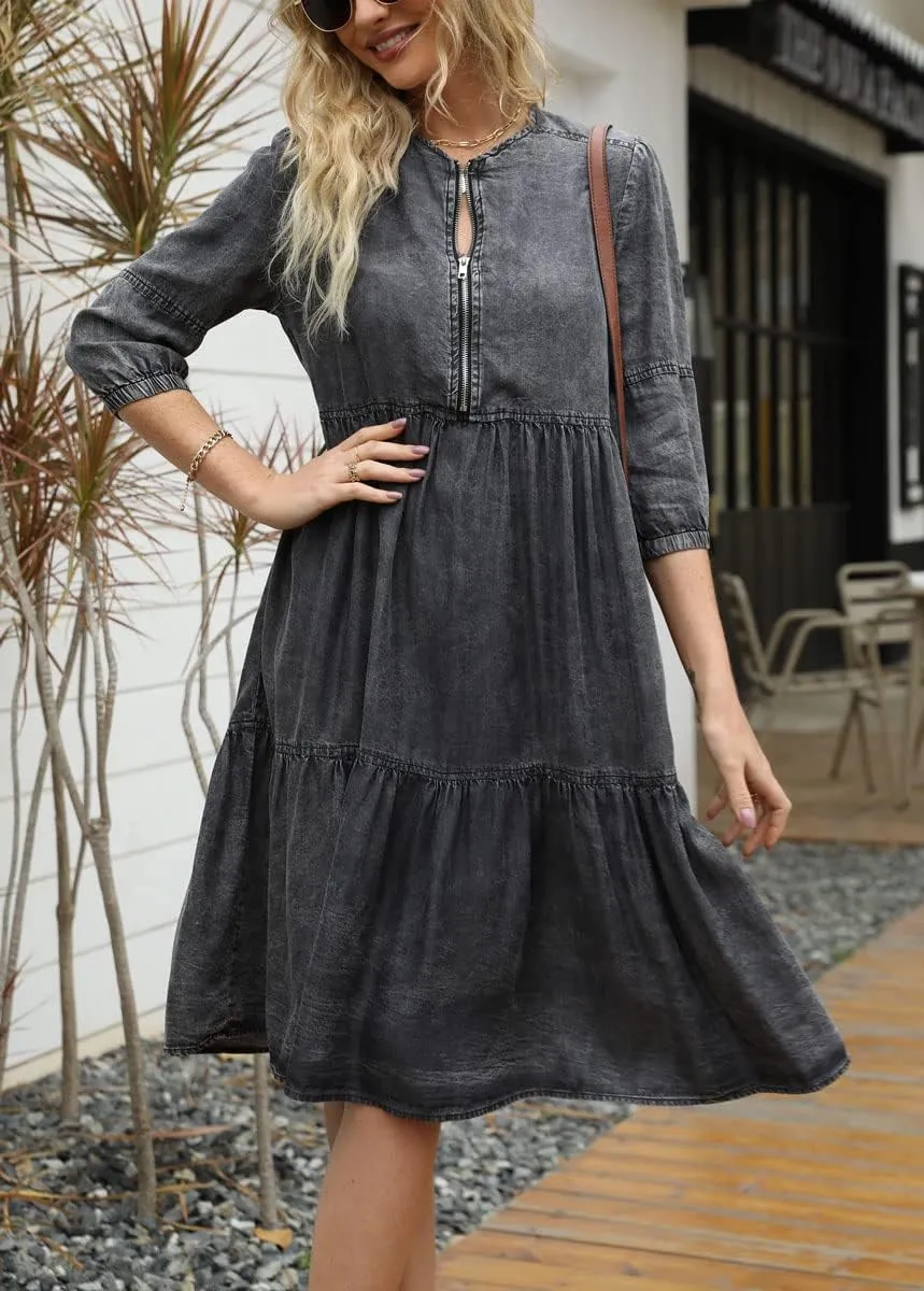 chouyatou Women's Vintage Washed Loose Fit 3/4 Sleeve Tiered Babydoll Mini Denim Jean Dress
