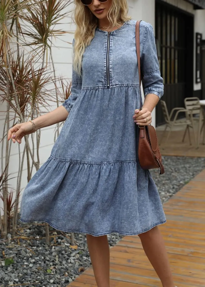 chouyatou Women's Vintage Washed Loose Fit 3/4 Sleeve Tiered Babydoll Mini Denim Jean Dress
