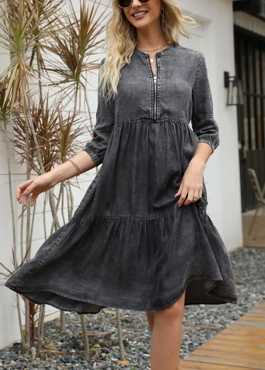 chouyatou Women's Vintage Washed Loose Fit 3/4 Sleeve Tiered Babydoll Mini Denim Jean Dress