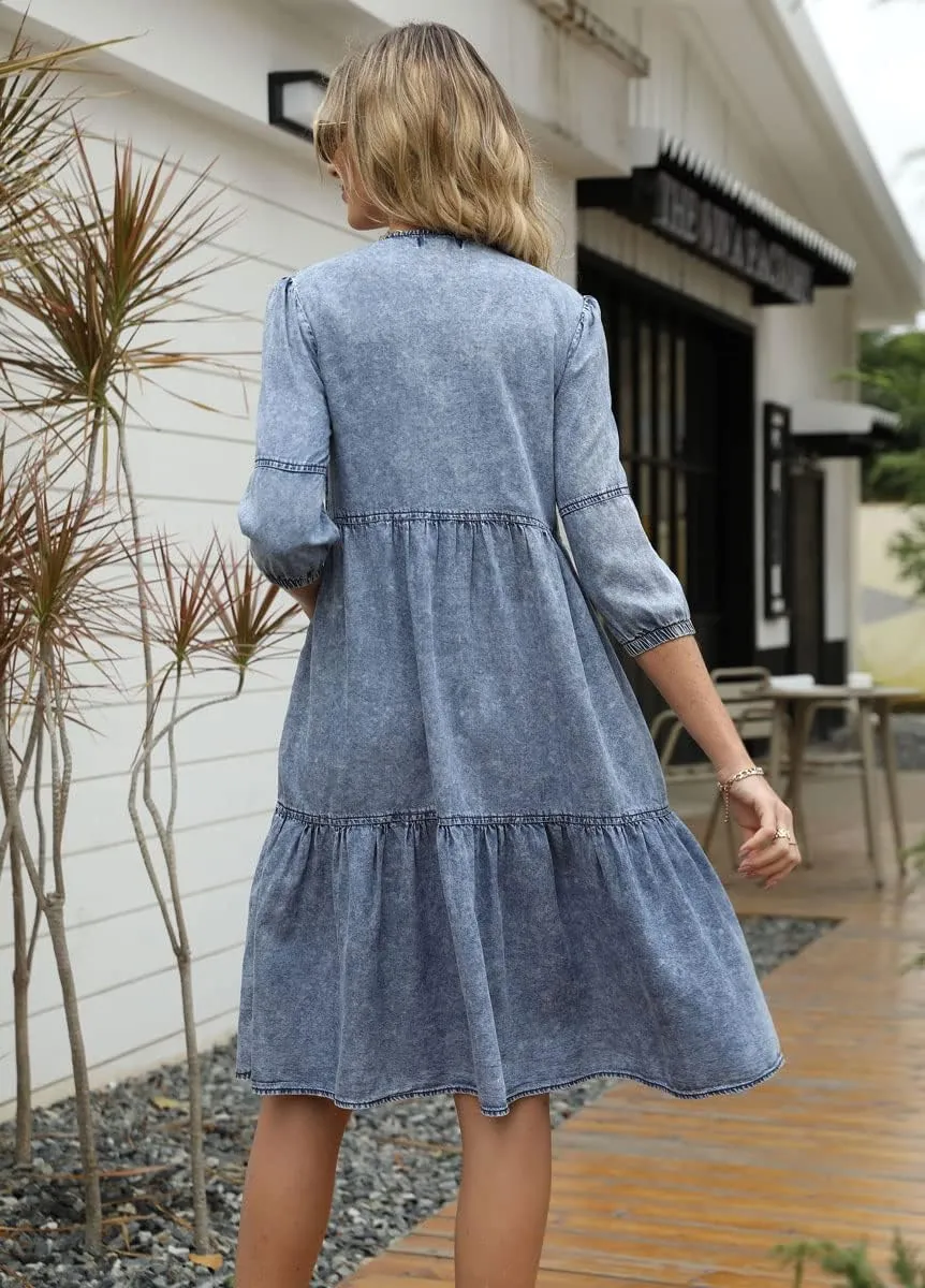 chouyatou Women's Vintage Washed Loose Fit 3/4 Sleeve Tiered Babydoll Mini Denim Jean Dress