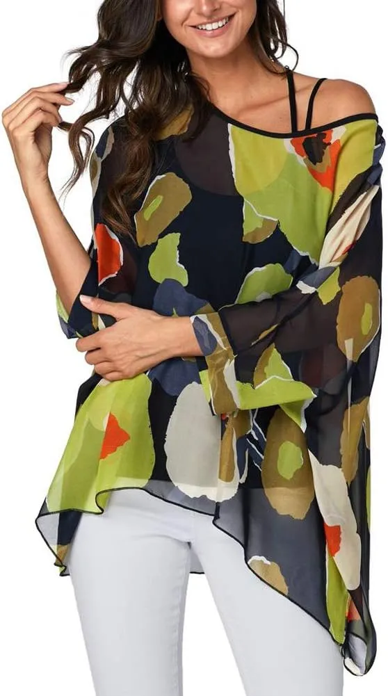Ckikiou Plus Size Floral Chiffon Tunics Blouses for Women Batwing Summer Boho Shirts Beach Cover ups