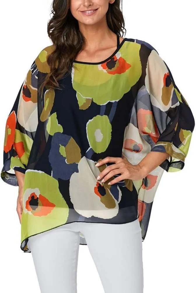 Ckikiou Plus Size Floral Chiffon Tunics Blouses for Women Batwing Summer Boho Shirts Beach Cover ups