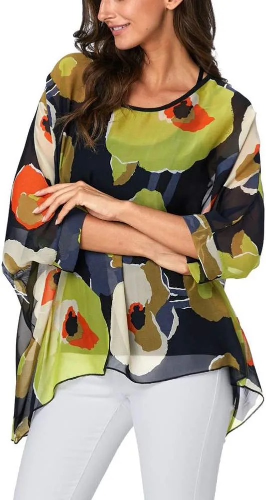 Ckikiou Plus Size Floral Chiffon Tunics Blouses for Women Batwing Summer Boho Shirts Beach Cover ups
